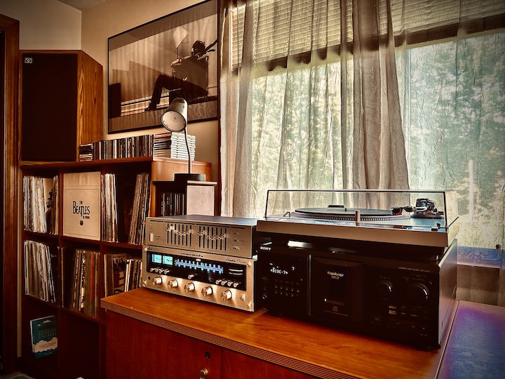 Vintage home audio stack including Marantz 2225 receiver, Pioneer SG-540 graphic equalizer, Technics SL-1700 MKII turntable, Sony CDP-CX355 cd player, and Cerwin Vega D3 speakers.